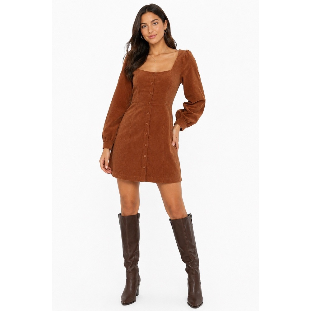 NWT Lulus Corduroy Mini Dress L Brown Cottagecore Puff Sleeve Button Front Fall